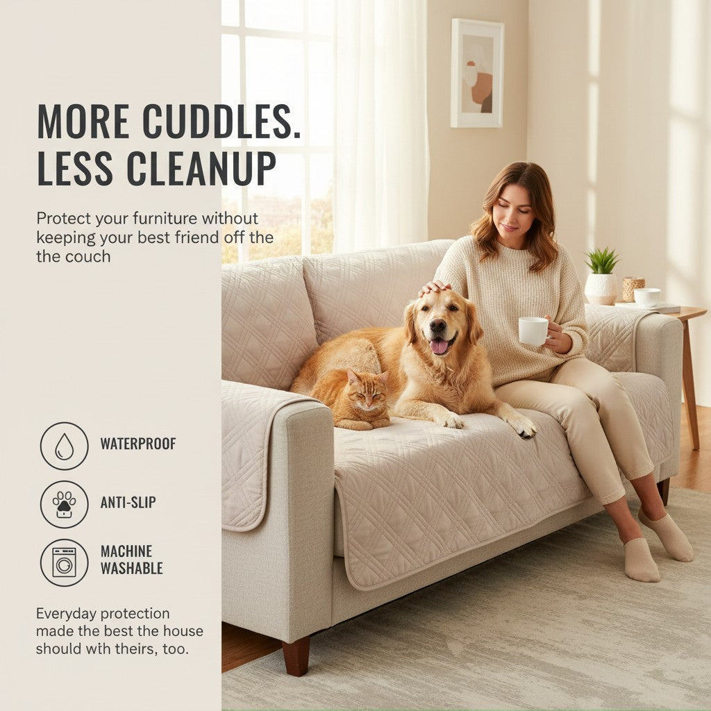 Couch cover tucked into the seat seams