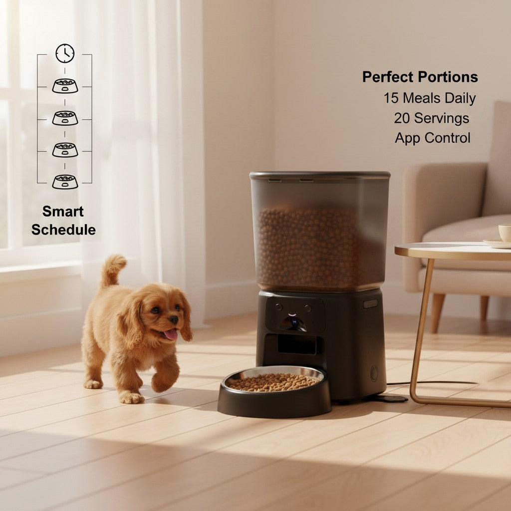 Dog eating from the automatic pet feeder