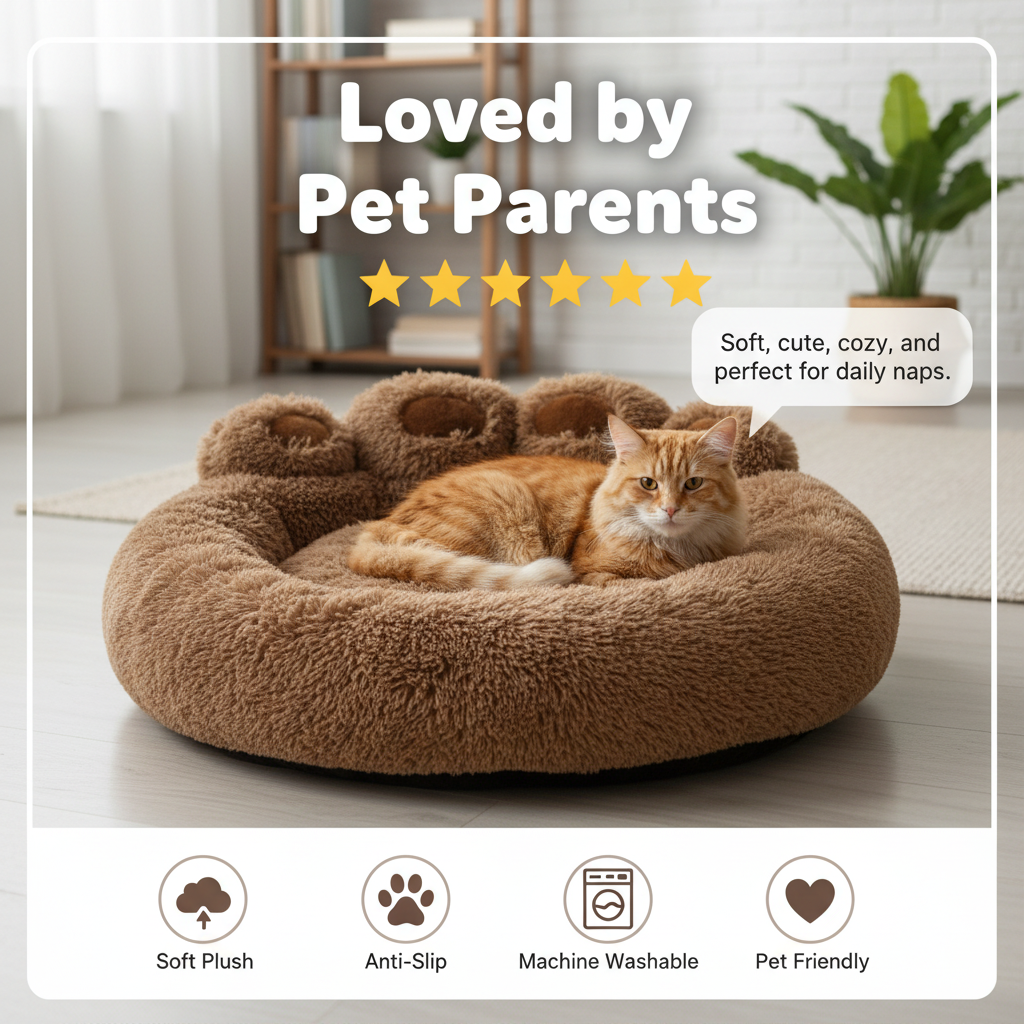 Plush Calming Pet Bed – Round Paw-Shaped Cushion