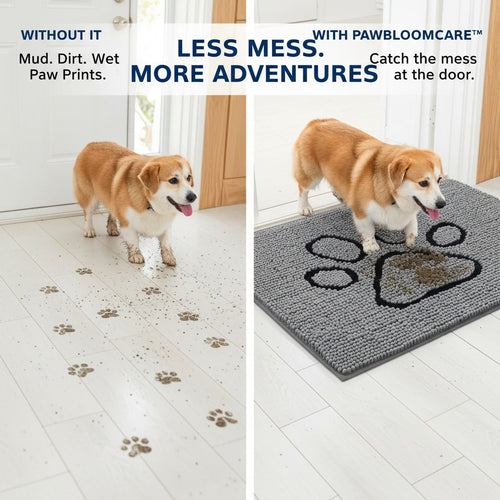 Chenille dirt-trapping mat with raised paw print design