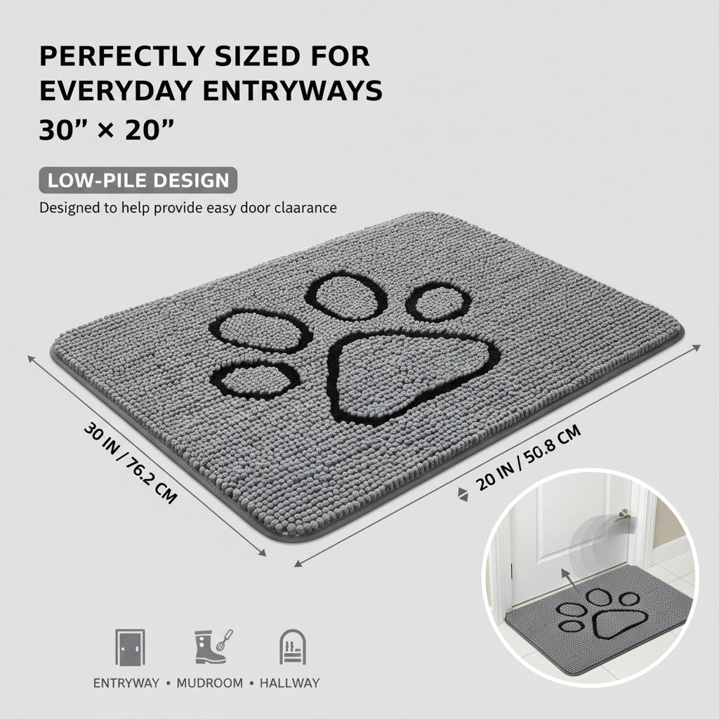 Muddy paw mat placed inside a front door