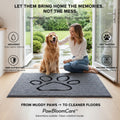 Muddy paw trapper mat at a doorway with a dog