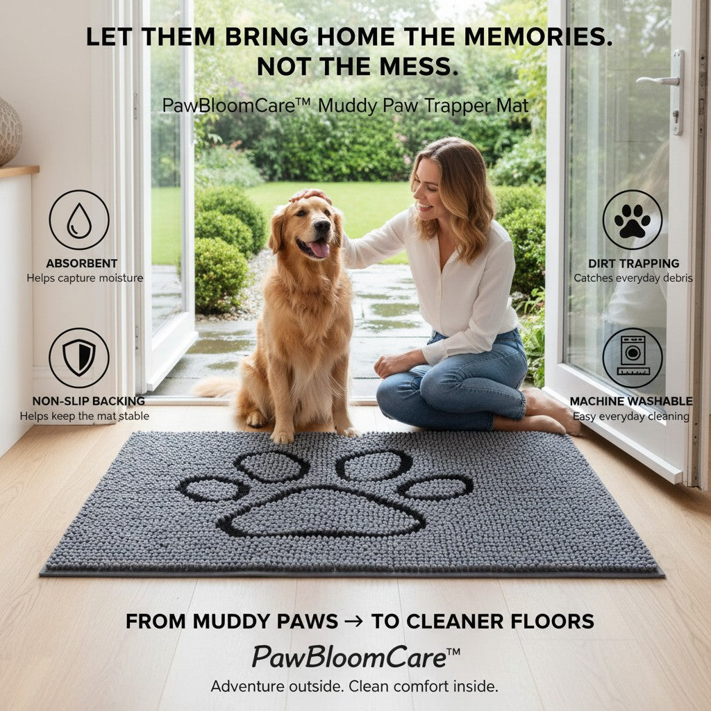 Muddy paw trapper mat at a doorway with a dog
